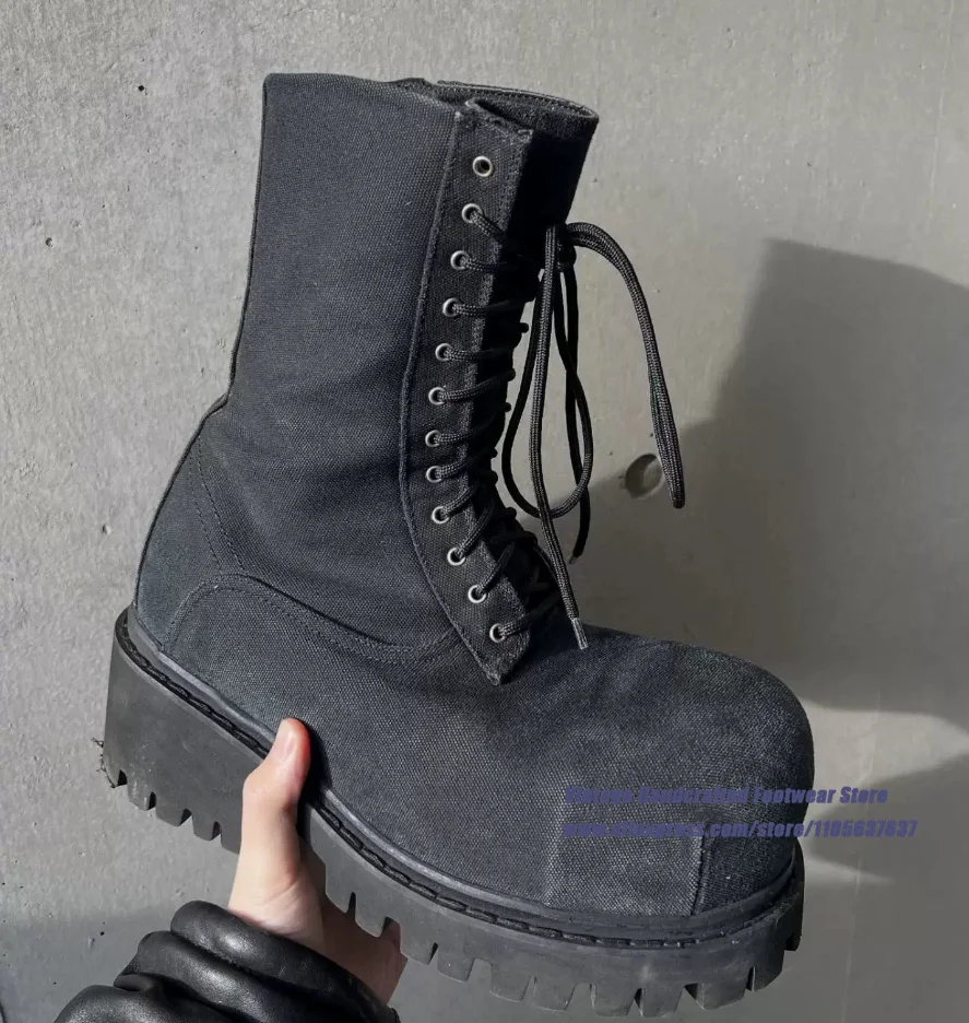Black Denim Platform Lace Up Mid Calf Men's Boots Vintage Round Toe Motorcycle Boots Thick Soled Height Increasing Men's Boots