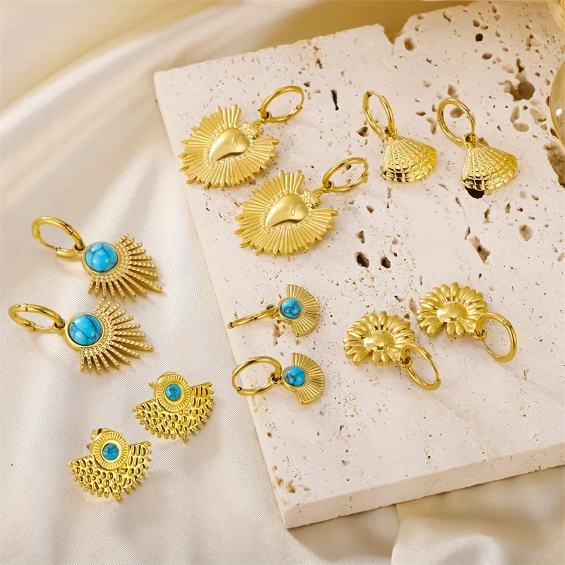 

Stainless Steel Flower Shell Heart Geometric Drop Earrings For Women Vintage Turquoise Earrings Simple Fashion Jewelry Gift 2024