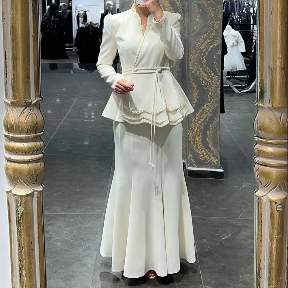

Customized A-line Evening Dresses Ankle-length V-neck Full Sleeve Prom Gown Fashion Button Beading Lace-up Draped Party Gown