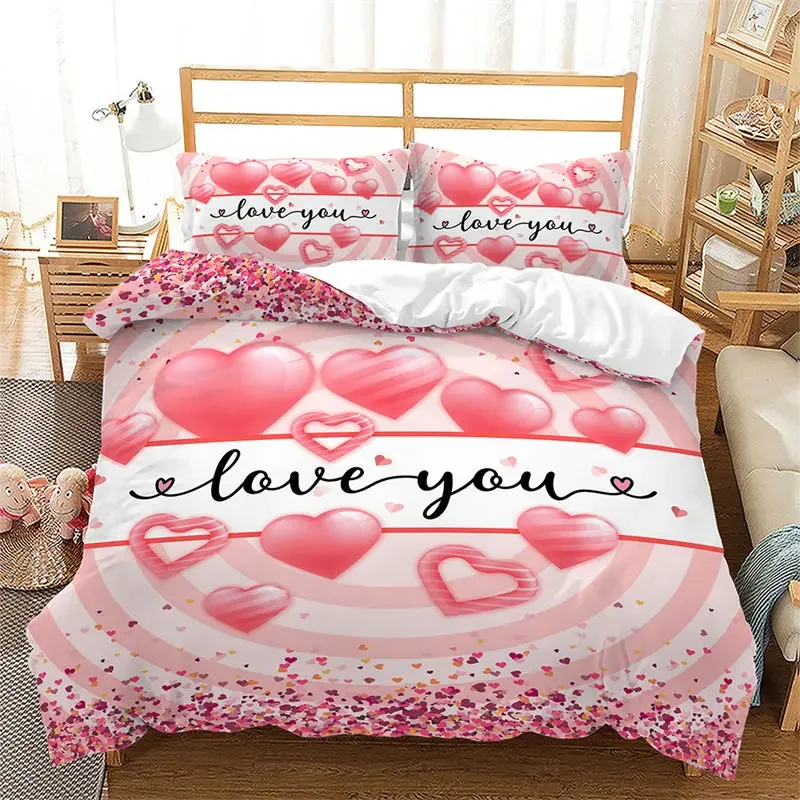 Love Heart Duvet Cover Pink Romantic Bedding Set Microfiber Comforter Cover For Girls Teen Couple Valentine's Day Wedding Decor