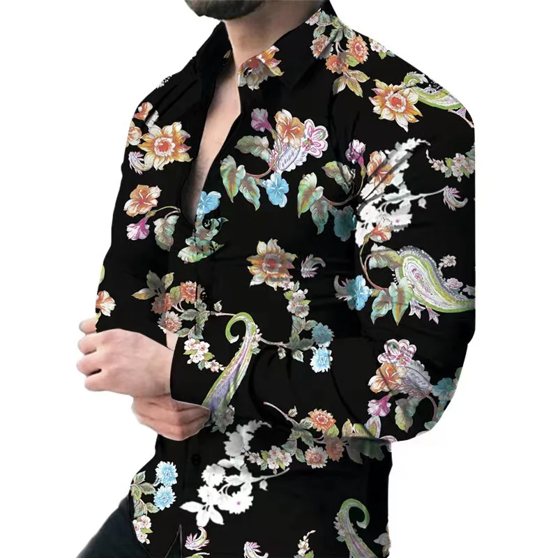 2023 men's clothing flower pattern T-shirt top lapel shirt fashion trend hot sale new retro casual men plus size