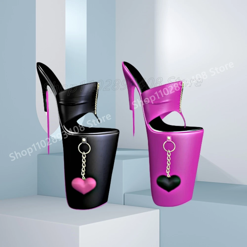 

Heart-Shaped Decor Platform Slippers Metal Chain Front Zipper Thin High Heel Fashion Sexy Women Shoes Summer 2025 Para Mujere