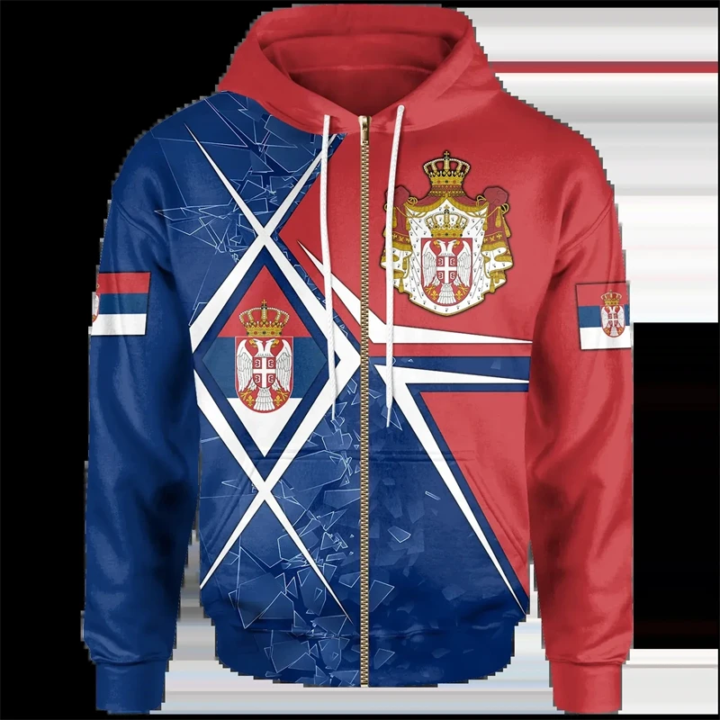 Fashion Casual Serbia Flag Pattern Everyday Mens Hoodies Long Sleeve Serbian National Emblem All Over Print Zip Hoodie Pullovers