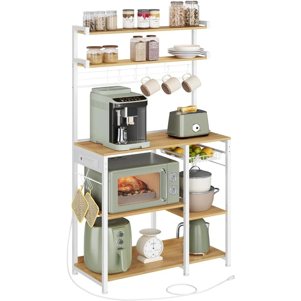 

Kitchen Bakers Rack with Power Outlet, Microwave Stand, Coffee Bar, 4 AC Outlets, Adjustable Shelves, 8 S-Hooks, Kitchen Cabinet