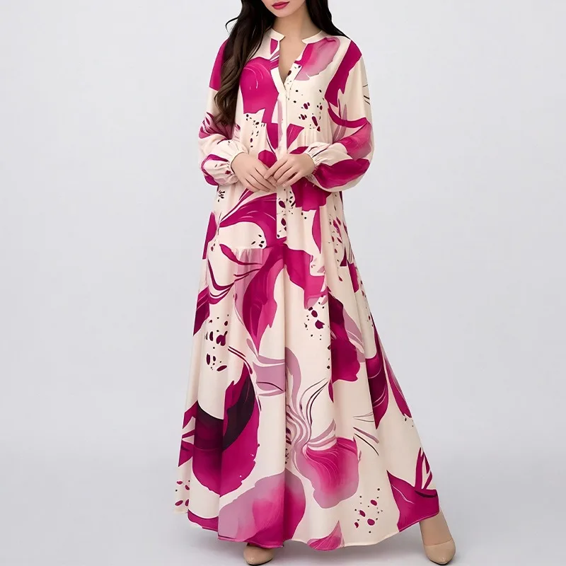 Robe longue d'été imprimée pour femme, décontractée, ample, à boutonnage simple, manches lanternes, élégante