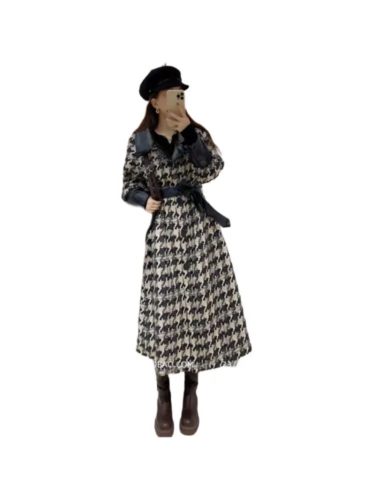 Cappotto a quadretti Qianniao da donna, giacca alla moda ed elegante, lunghezza media, peluche e spesso, cappotto a quadretti piccolo, primavera e