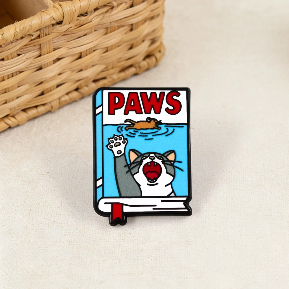 PAWS Cat Spoof Brooch Swimming Mouse Book Ocean Enamel Pin Creative Cartoon Animal Metal Pin Pet Enthusiast Badge Bag Decoration