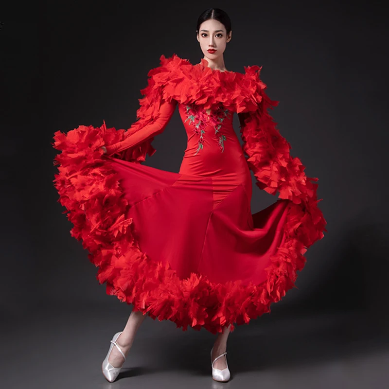 

Luxury Red Feather Ballroom Dance Dress Women Performance Costume Waltz Dance Clothing Competition Dress Stage Costume BL13383