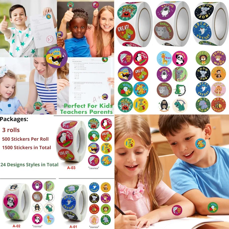 

3 Rolls Reward Stickers for Classroom 1500 Pcs Teacher Reward Sticker 24 Designs Motivational Stickers for School Supplies Perf