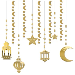 Glitter Gold Ramadan Paper Garland Hanging Decoration Eid Mubarak Star Moon Banner Ramadan Kareem Eid-al-fitr Islamic Decoration
