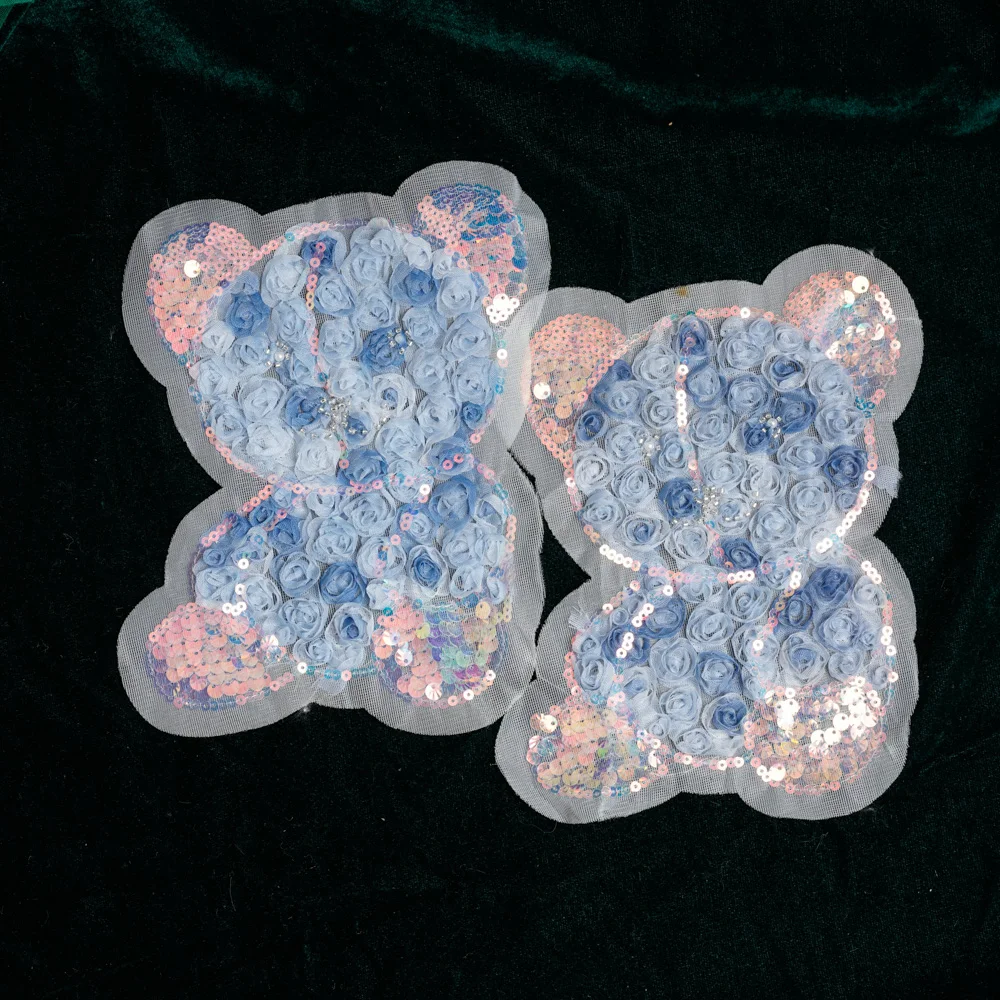 

1 Pair of Three-dimensional Mesh, Rose Sequins, Small Bear Patches, Blue Purple Flower Bear, Sewing Clothes, Hoodies, Cloth Bags