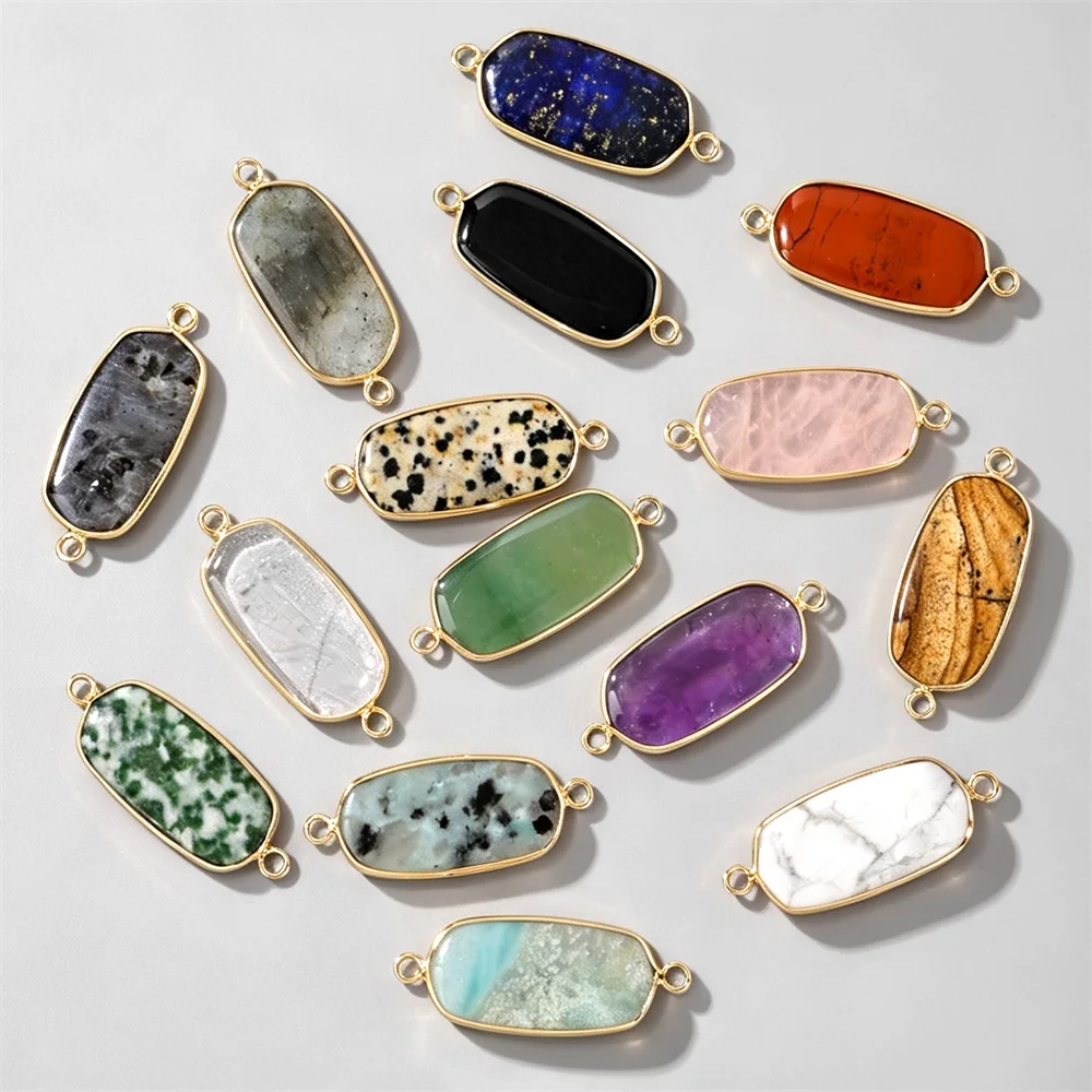 1PC Double Bail Long Oval Stone Charm 16x30mm, Natural Gem Pendant, Handmade DIY Necklace Jewelry Making Connector Parts