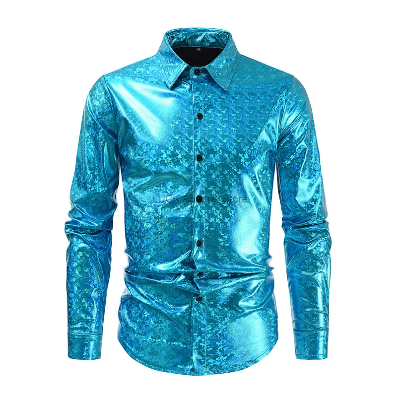 Camicia formale da uomo Casual camicia abbottonata lucida Costume Cosplay maglietta lucida camicia da uomo Dance Party Cosplay