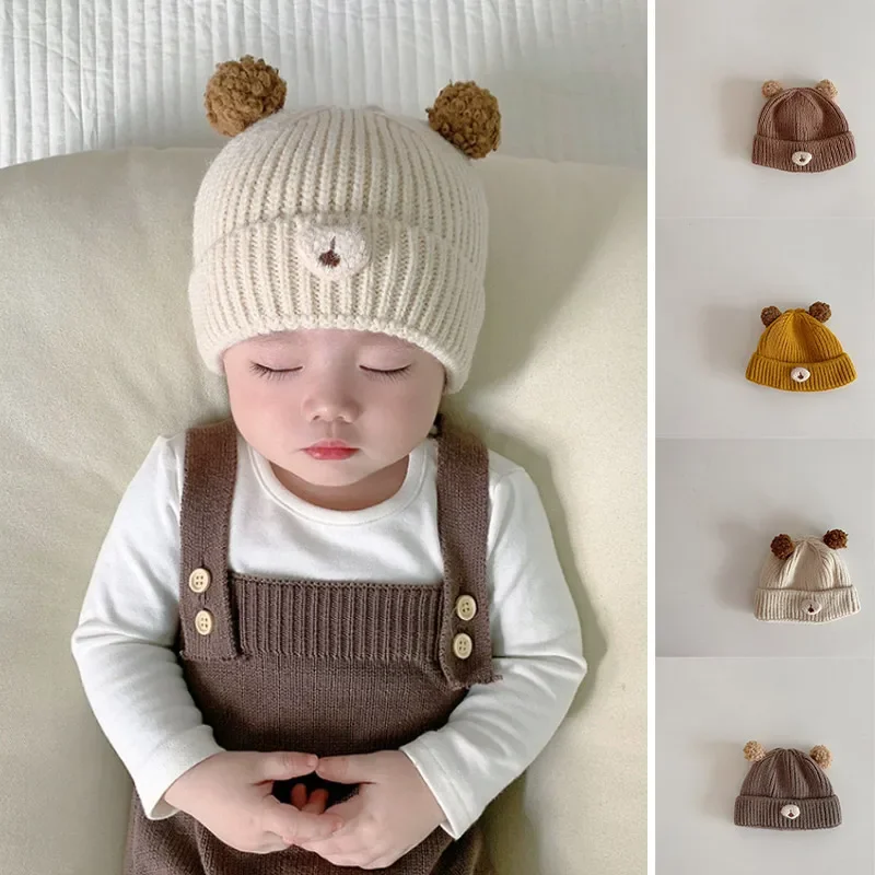 

Детская вязаная шапка с милым медведем, зимние теплые шапки для защиты ушей, детские пуловеры с помпоном из мультфильма, шапки для малышей