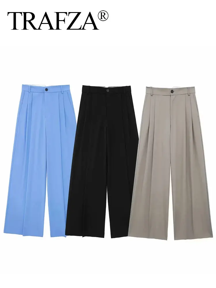 TRAFZA 2024 Wide Leg Pants for Women Zipper High Waist Loose Pants Woman Summer Pleated Women's Pants Streetwear Casual Trousers