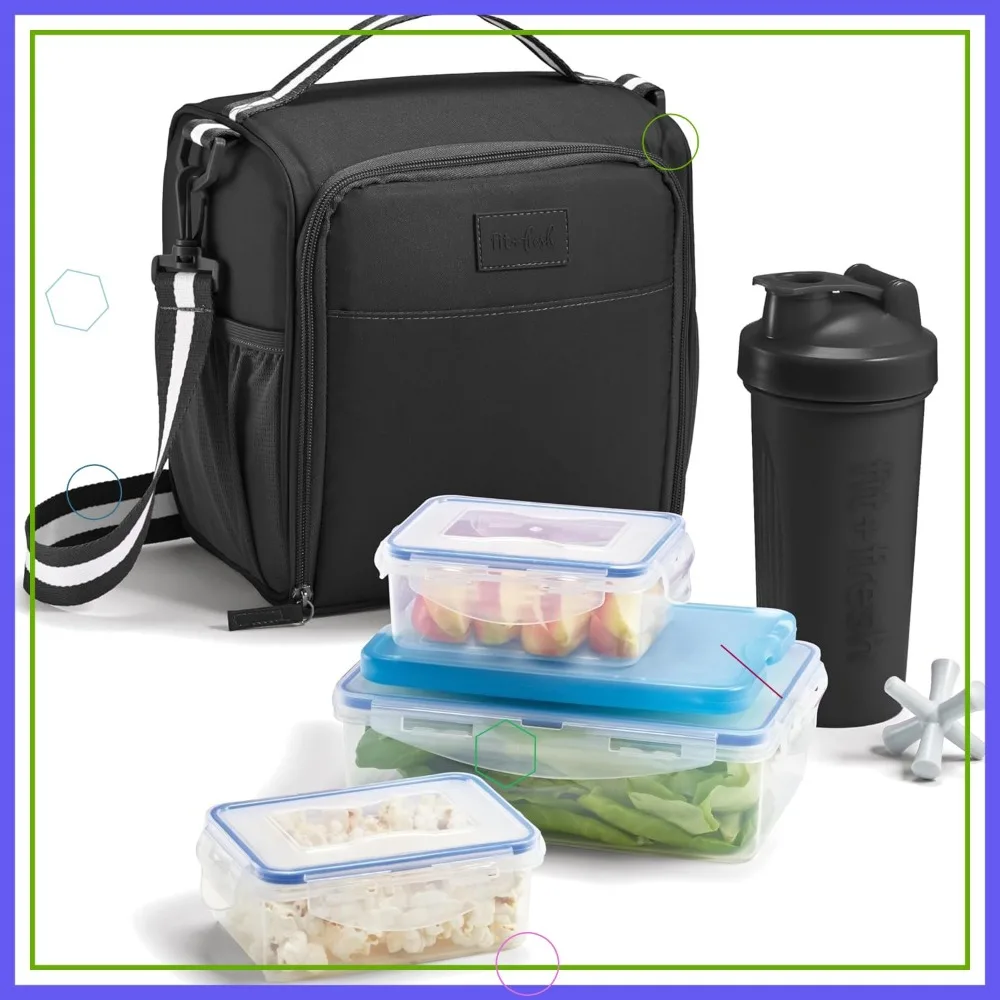 

6-Piece Meal Prep Lunch Box with Containers, Ice Pack & Shaker Bottle for Men and Women, Black