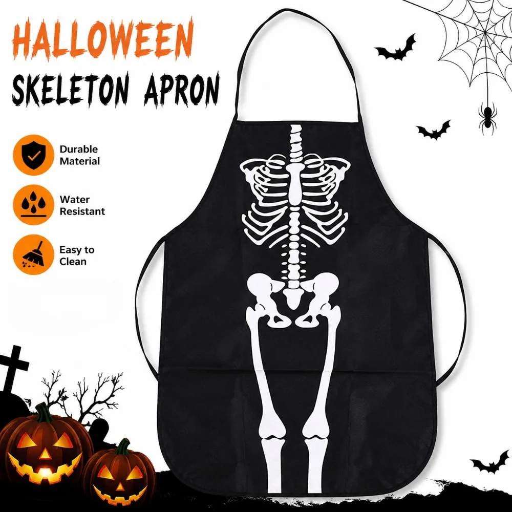 Halloween Black Skeleton Pattern Apron, Halloween Prank Prop, High Quality and Easy-to-Clean Chef Apron, Party Decoration