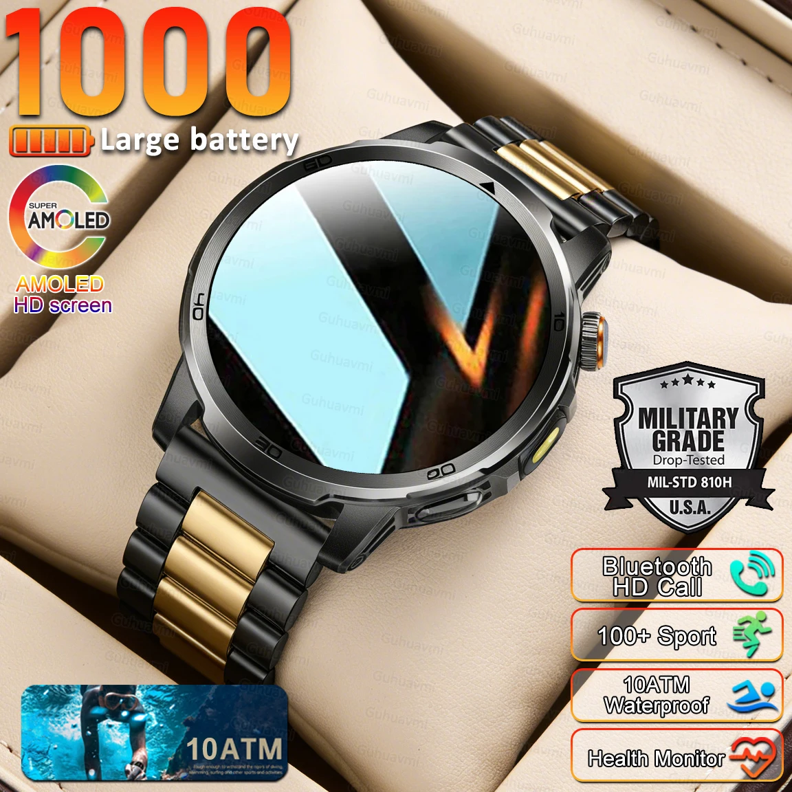

New 1000mAh Battery Smart Watch Men 10ATM Waterproof 1.85-inch AMOLED Screen HD Call Flashlight Sports Military Fitness Bracelet