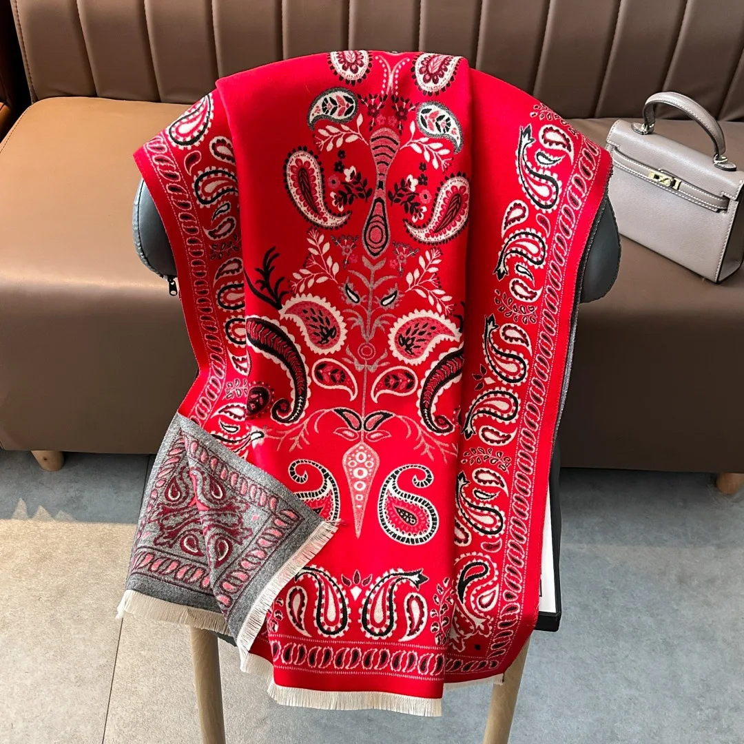 

Зимний красный кашемировый шарф, женский роскошный принт кешью, женская шаль, шарфы, женское толстое теплое одеяло, подарок, Echarpe, пашмина