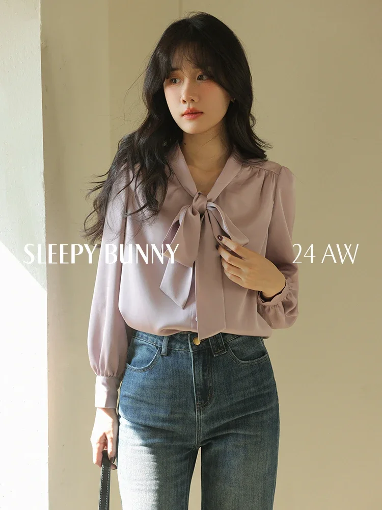 French Style Satin Bow Tie V-Neck Blouse Women Spring Long Sleeve Elegant Office Wear Loose Fit Draped Chic Commuter Shirt Tops