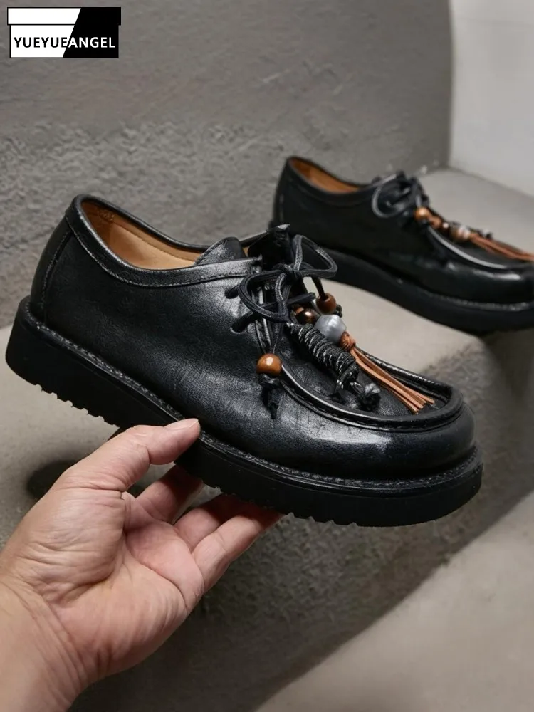 Japanese Style Horsehide Round Toe Hard Wearing Platform Casual Shoes Solid Color Genuine Leather Tassel Lace-Up Male Footwear
