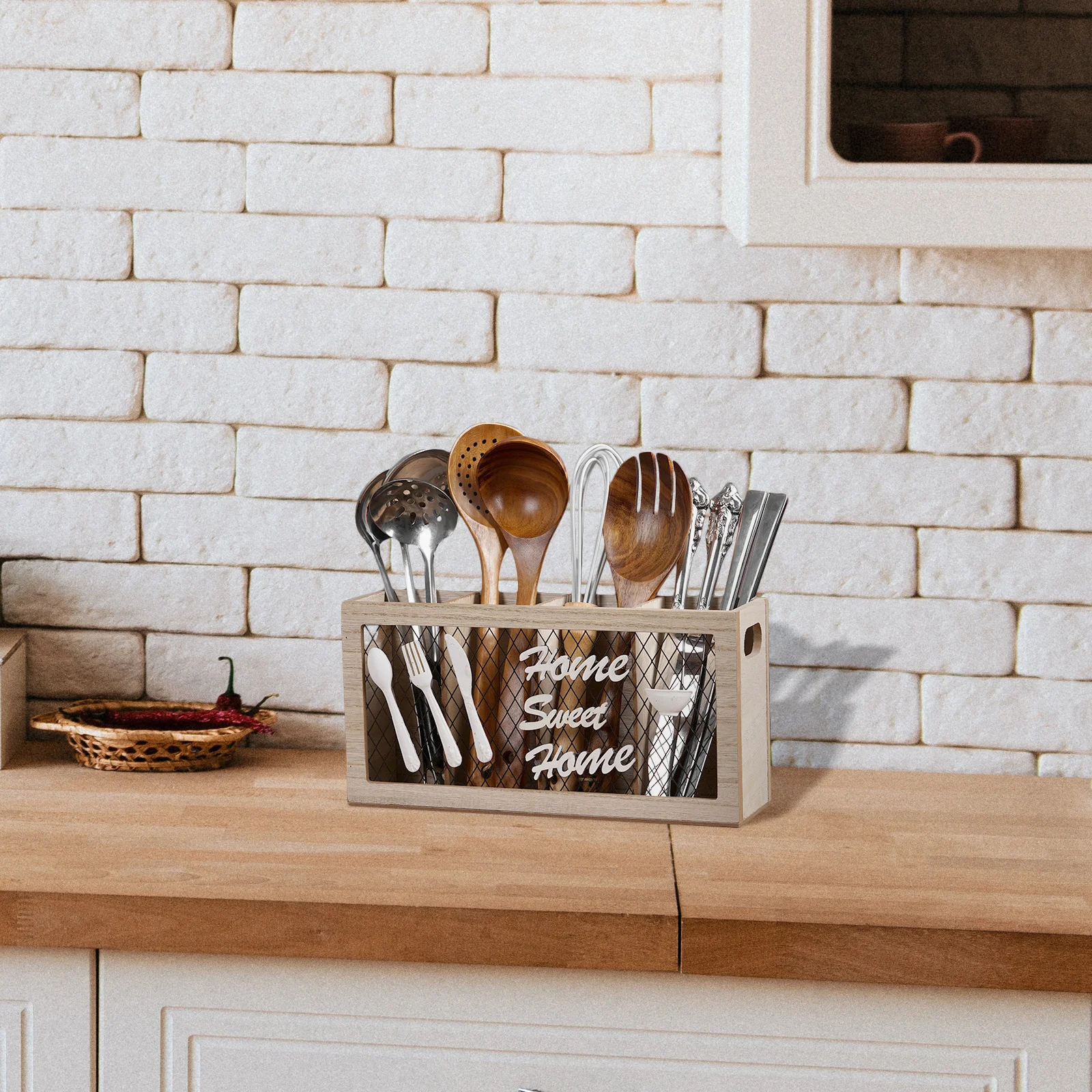 

Rustic Wooden Utensil Holder for Kitchen Countertop with Four Compartments Utensil Organizer for Spoons Forks Serving Pieces