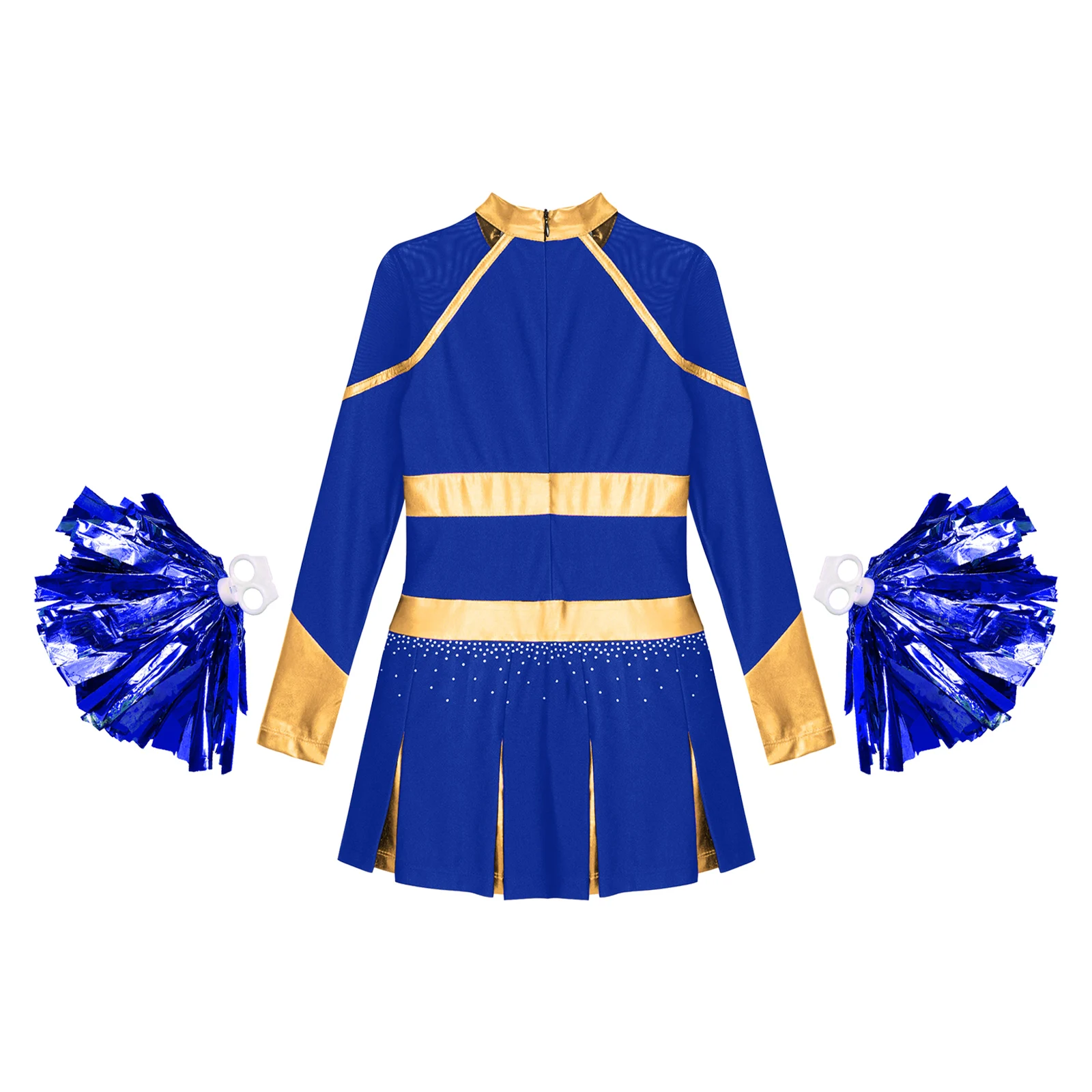 Kinder Mädchen Cheerleading Uniform Cheerleader Tanzkostüm Glitzernde Strasssteine Metallic Plissee Kleid mit 2 Stück Handblumen – Detail 14