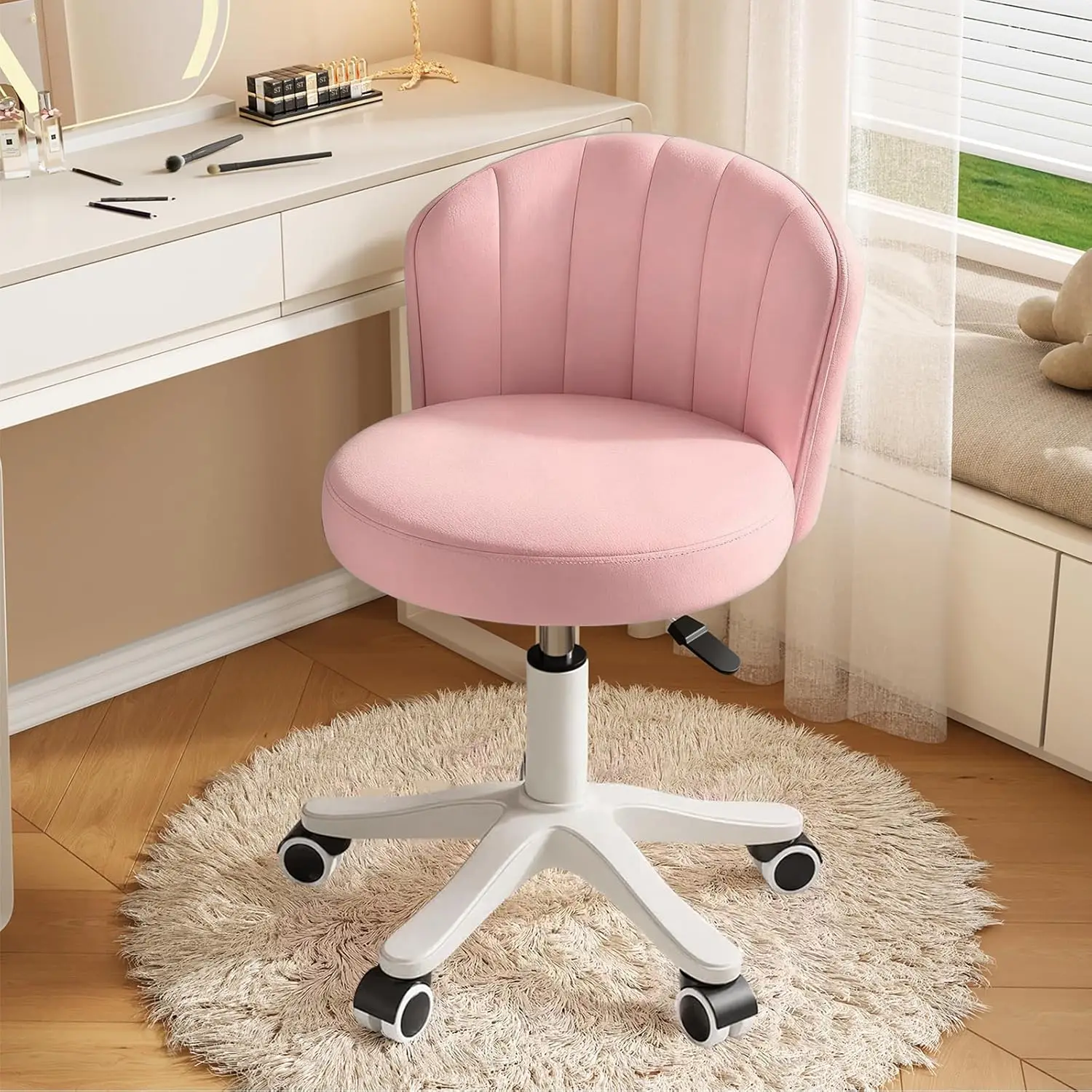 

Armless Rolling Desk Chair, Low Back PU Leather, Height Adjustable Swivel Vanity Chair for Home Office