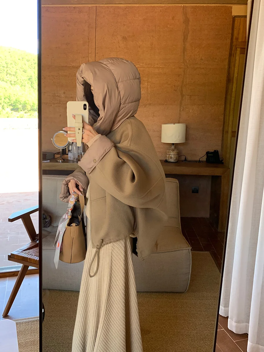 

High Quali 00% Wool Double-sided Waterproof 3D Fabric Jaet with 90% White Du down Hood Splicing Design Ladies Coat