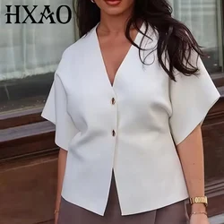 HXAO Crop Knitted Cardigan Women Autumn Short Sleeve Knit Ladies Outerwears Winter Button Bolero Cardigan Elegant Women Jackets