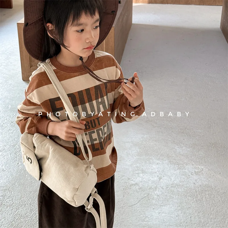 2025 Spring New Children Bottoming Shirts Cotton Boys Girls Letter Print Casual T Shirts Kids Long Sleeve Striped Sweatshirt