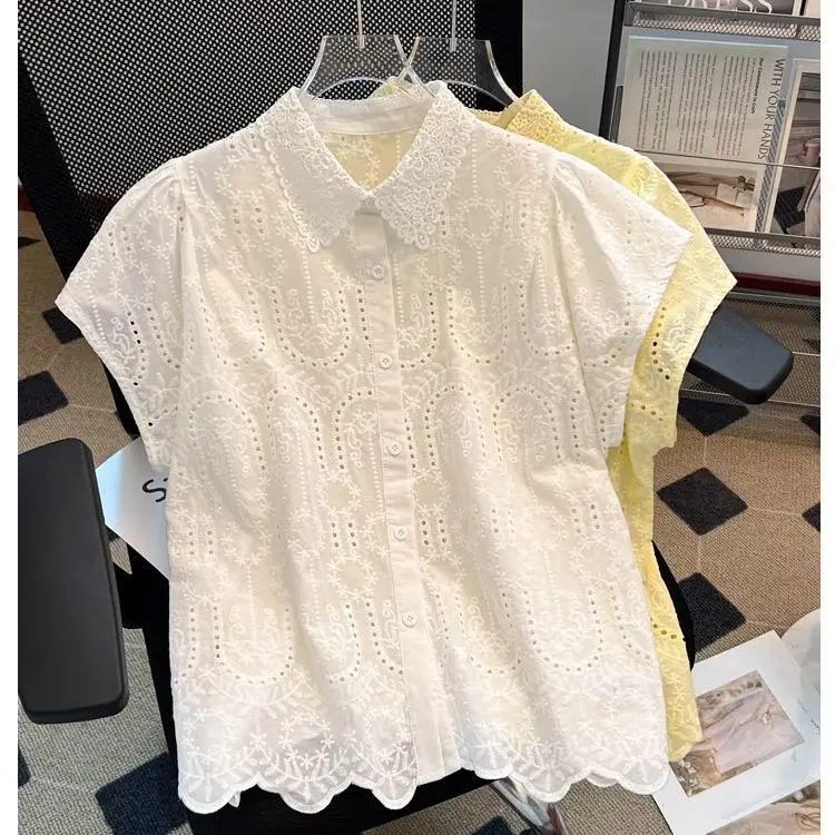 American Style Embroidered Lace Trim Vest Shirt Women Summer New Fashion Anti Aging Sleeveless Top Collar Regular Fit