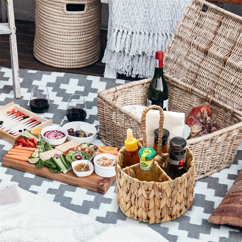 Rattan Wicker Storage Basket Hand Woven Flatware Organizer Round Storage Box Water Hyacinth Storage Basket Cutlery Holder