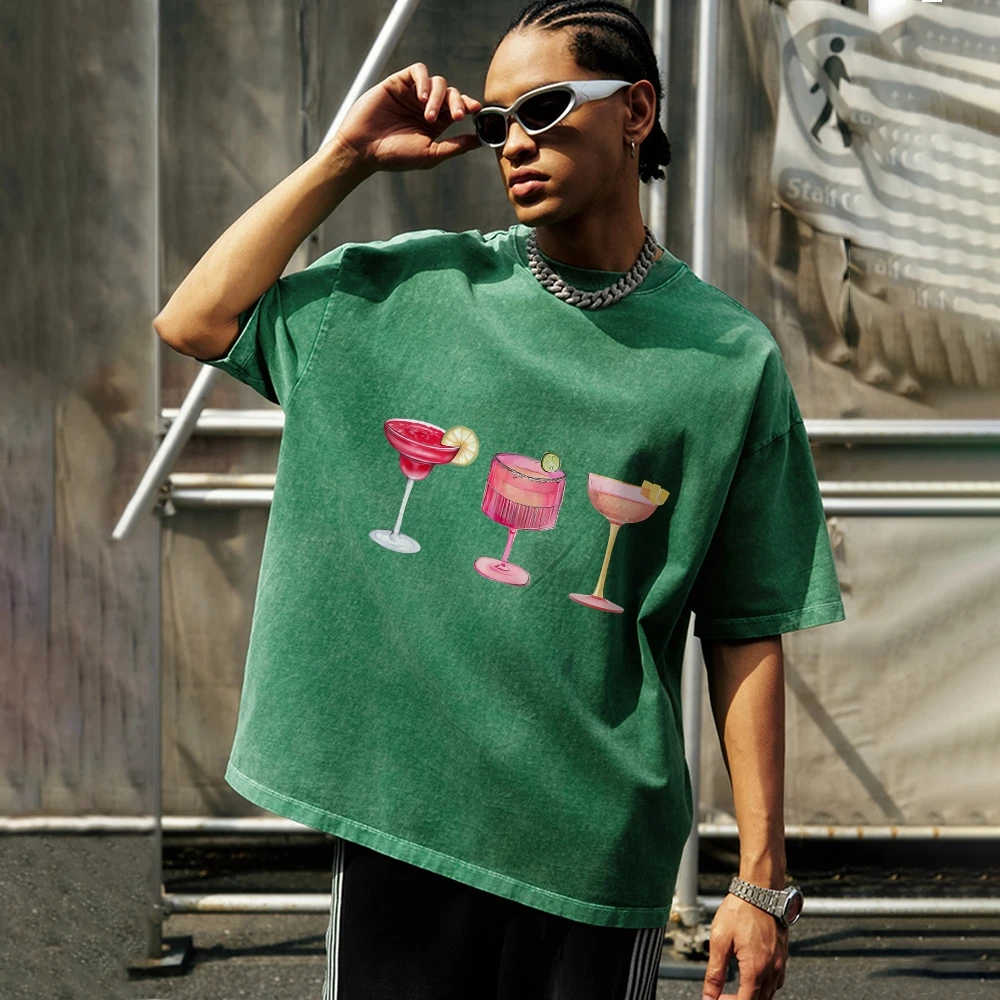 

Graphic T-Shirt Pink Glass Tee Premium Cotton, High Quality Oversize Washed T-Shirt. Colorful Cocktail Glasses, Fun Y2K Style