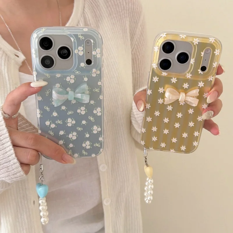 

Fashion Korean Laser Cute Flower Painting 3D Bowknot Phone Case For iPhone 17 Pro 16 15 14 Pro Max Protective Cover with Chain S