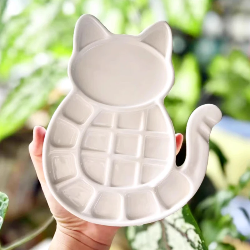 Multi-grid Ceramic Watercolor Palette Cute Cat Shape Paint Tray Easy To Clean Student Artist Painting Art Supplies