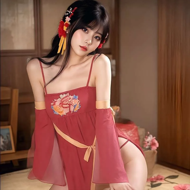 Ancient Style Sexy Hanfu Dress Elegant Transparent Flower Print Backless Deep V Nightdress Traditional Chinese Bellyband Pajamas