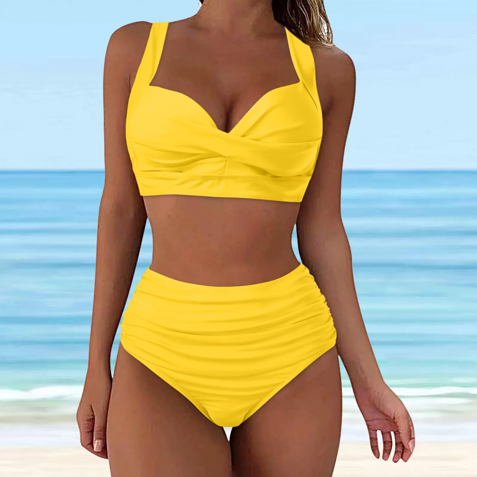 Solid Colors Womens High Waisted Bikini Push Up Vintage Swimsuits Halter Top Tummy Control Ruched Bottom Two Piece Bathing Suits