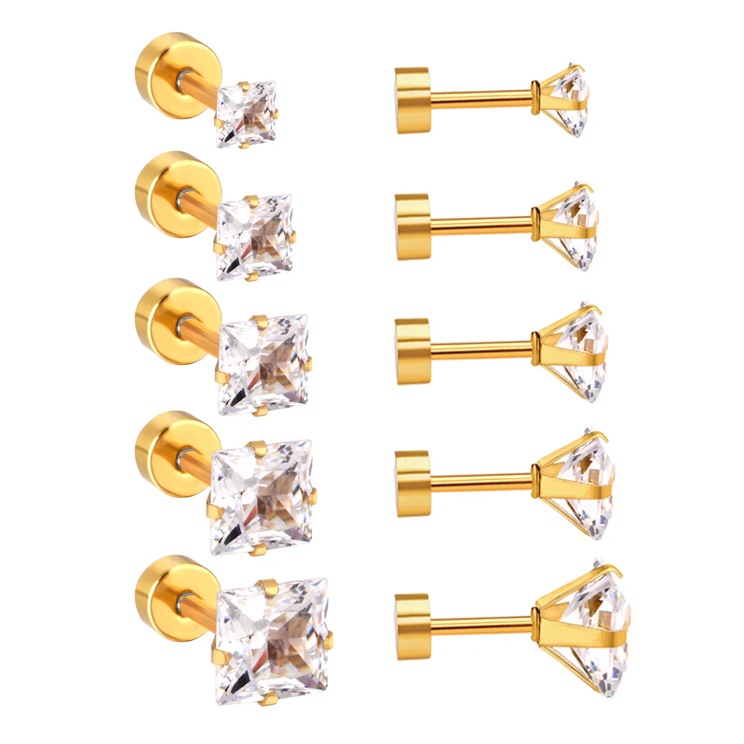 5 Paare/schachtel 3-7mm Kubische Schraube Stud Ohrringe Für Frauen Männer Edelstahl Quadrat Runde Kristall Piercing Ohrringe schmuck Geschenke