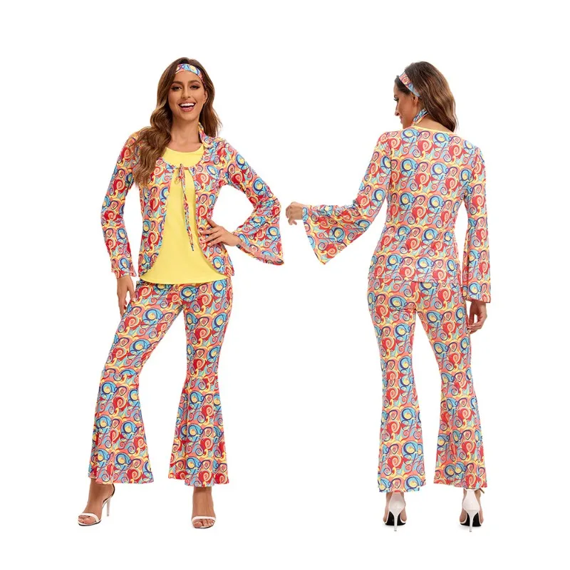 Carnival Cosplay Costume Couple Retro 70S Top Pants Two Piece Set Holiday Theme Party Role Playing Outfits for Adult Women Men - view 6