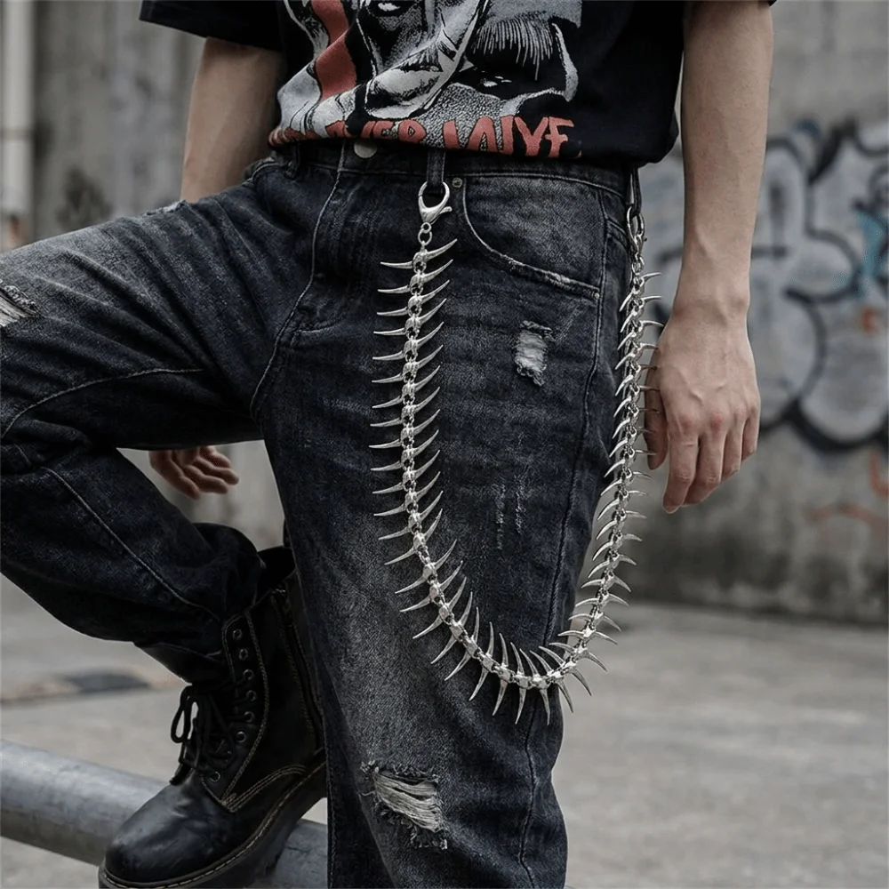 Hip-Hop Alloy Waist Chain Spiked Thorn Fish Bones Pant Chain Versatile Wear Multi-Use Keychain Daily Outfit