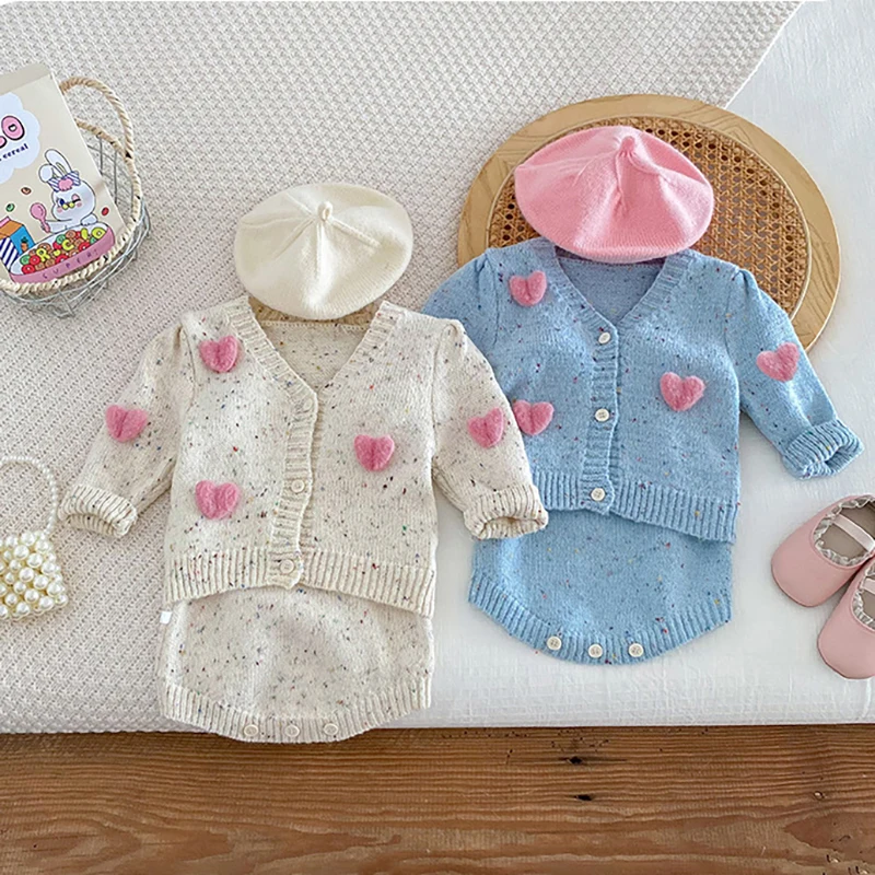 MILANCEL 2024 Autumn Baby Knitted Clothes 0-2Y Infant Girls Suspenders Bodysuit Infant One Piece Matching Heart V-Neck Sweater