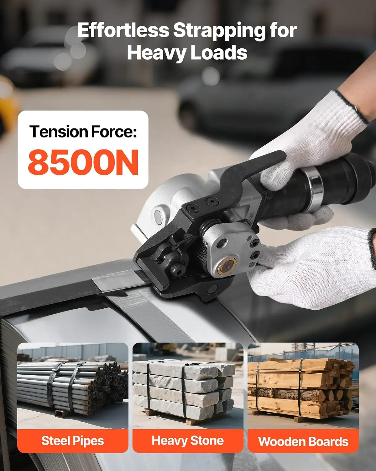 Pneumatic Steel Strapping Machine, 8500 N Tension Force, Metal Strapping Tool Tensioner and Cutter Sealer for 1.25 in Width Meta