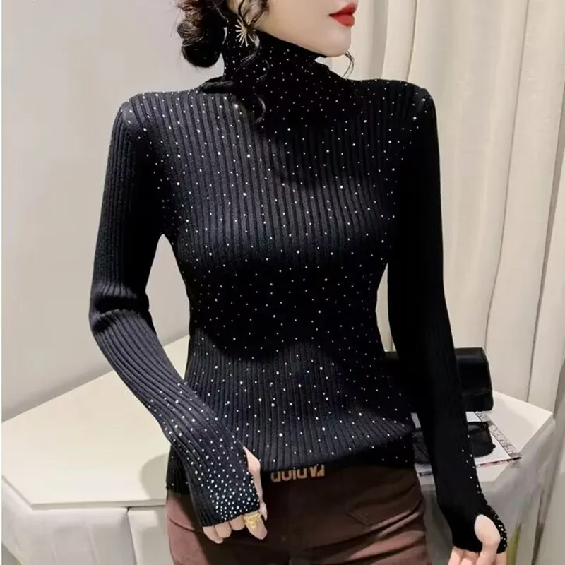 Luxury Hot Drill Turtleneck Knitted Sweater 2026 Women Autumn Winter Bling Sweater Female Soft Blouse Jumpers Bottom Shirt