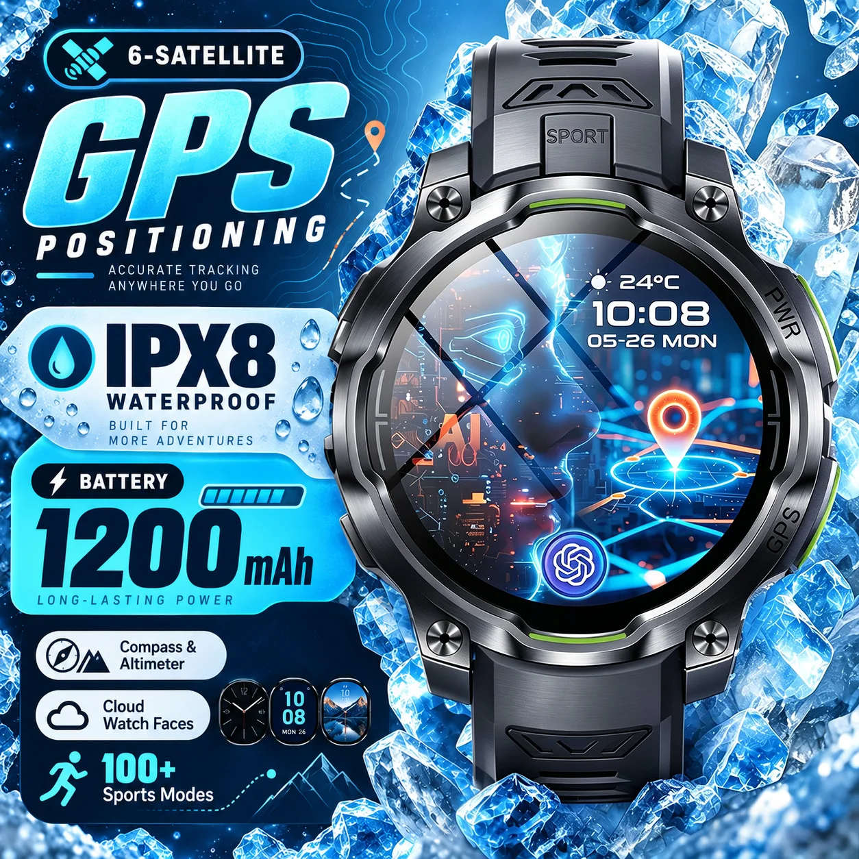 2026 Offline Maps Smart Watch GPS Navigation 10ATMWaterproof 1200mAh Compass Altimeter Barometer Call 100+Sport Bracelet Climber