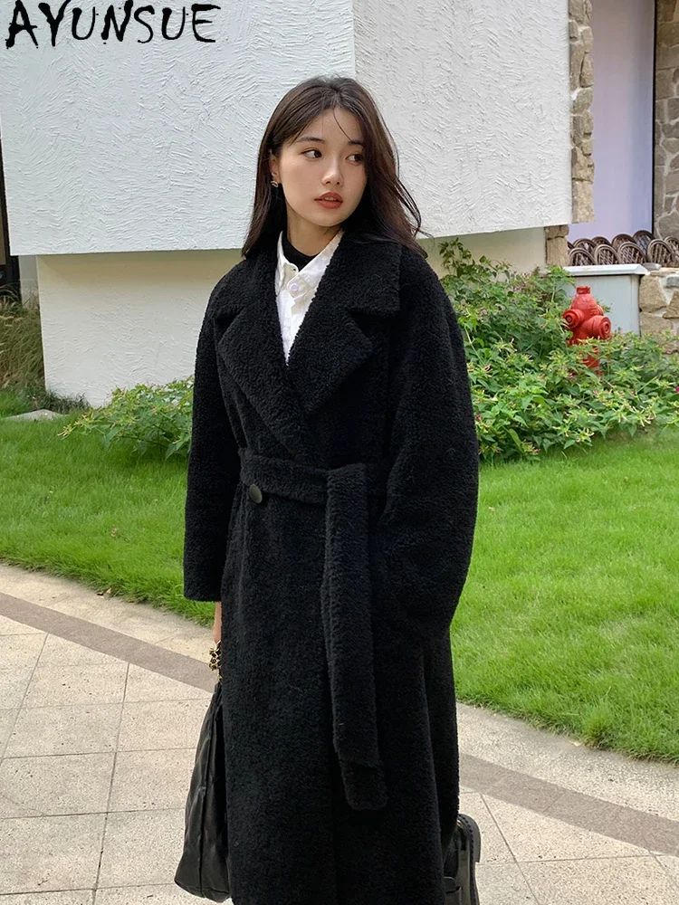 AYUNSUE Sheep Shearing Overcoat Women Black Real Fur Coat for Woman Winter Warm Wool Long Coats Womans Clothing Fourrure 2024