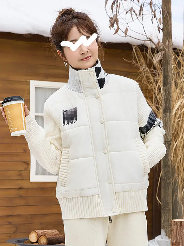 

Осенне-зимнее утепленное вязаное хлопковое пальто для женщин в студенческом стиле с пэчворком, воротником-стойкой, мягкое, с длинными рукавами, для повседневной носки