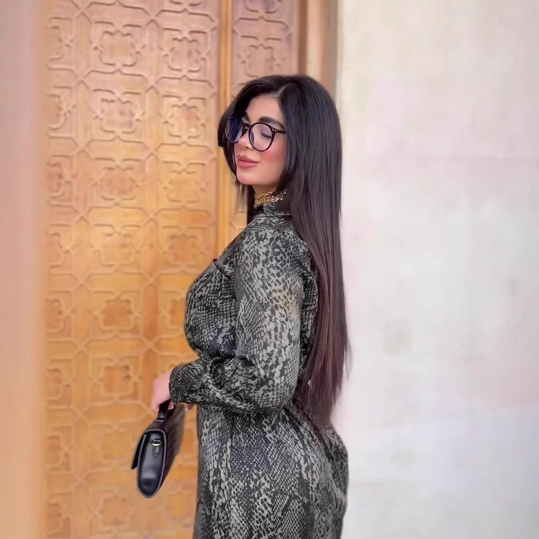 Retro Snake Printing Shirt Dresses Spring Women Single Breasted Long Sleeves Dress Autumn High Waist Straight Knee Length Dress