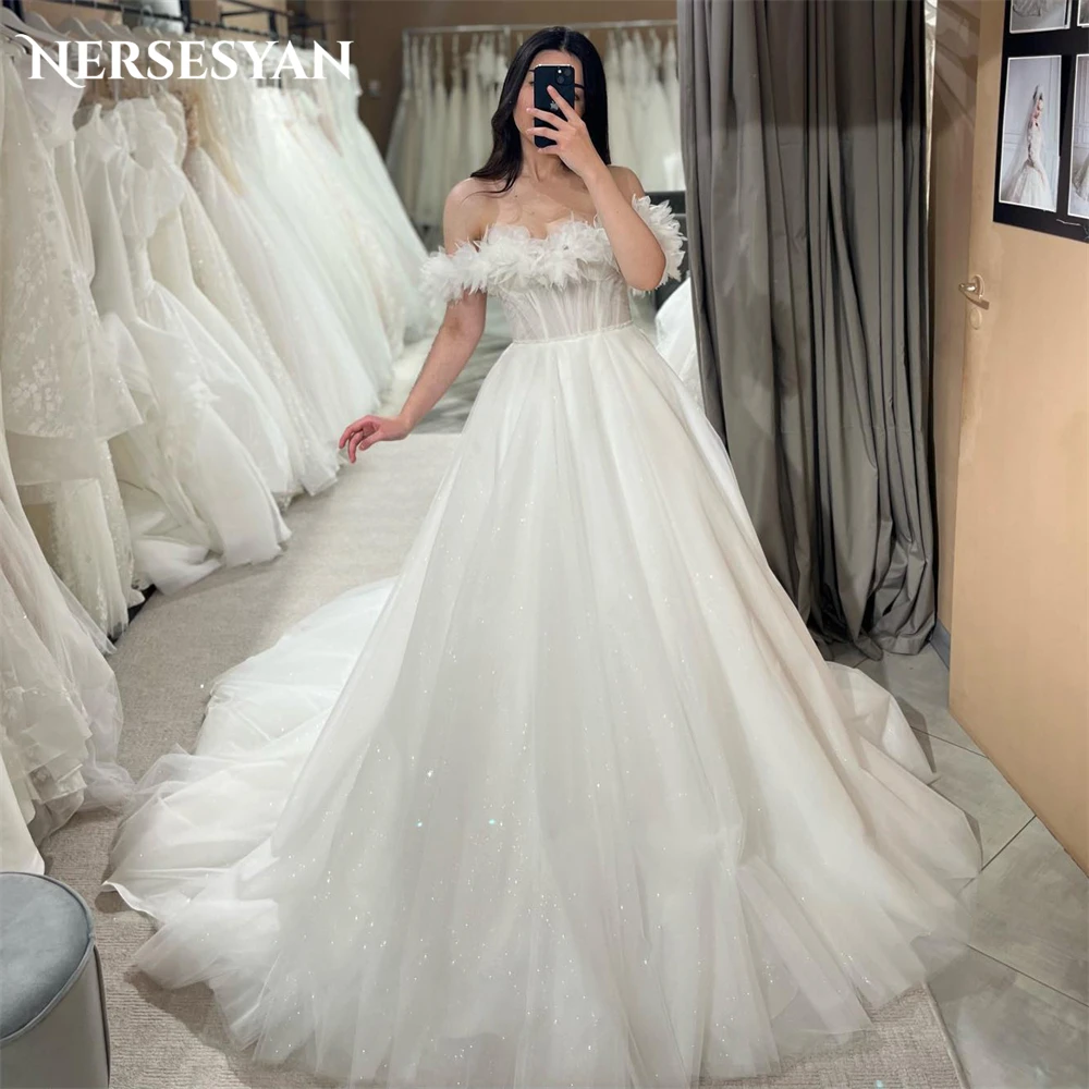 Nersesyan Glitter Pure Tulle Wedding Dresses Ruched Off Shoulder Princess Backless Bridal Gowns Sparkly Sequins Bride Dress 2024