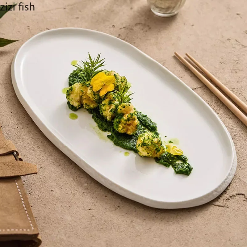 Stone Patterned Ceramic Oval Plate Pure White Steamed Fish Plate Sushi Dish Dessert Cake Plates Molecular Cuisine Display Plates